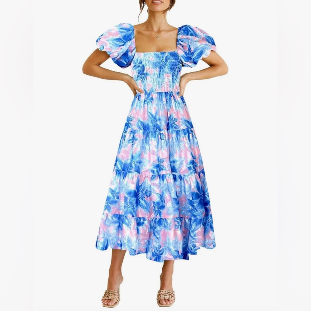 Floral Midi Maxi Dress with Puff Sleeves Smocked Tiered Ruffle Small